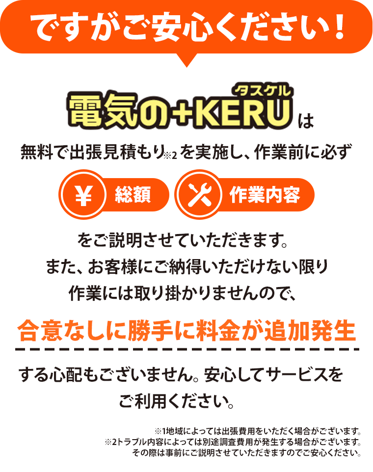 ですがご安心ください!電気のタスケルは無料で出張見積もりを実施し、作業前に必ず総額・作業内容をご説明させていただきます。
また、お客様にご納得いただけない限り作業には取り掛かりませんので、合意なしに勝手に料金が追加発生する心配もございません。安心してサービスをご利用ください。